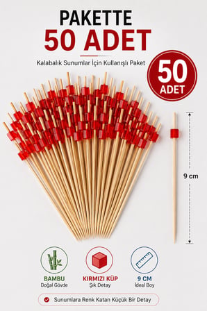 50’li Kırmızı Küp Bambu Kürdan 9 cm Parti Davet Kokteyl Kanepe Sunum Kürdanı Organizasyon Sofra Seti