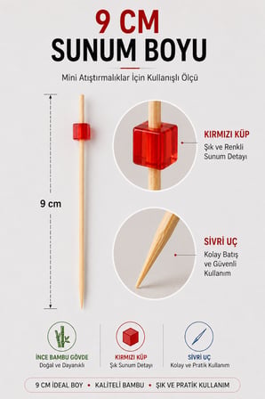 50’li Kırmızı Küp Bambu Kürdan 9 cm Parti Davet Kokteyl Kanepe Sunum Kürdanı Organizasyon Sofra Seti