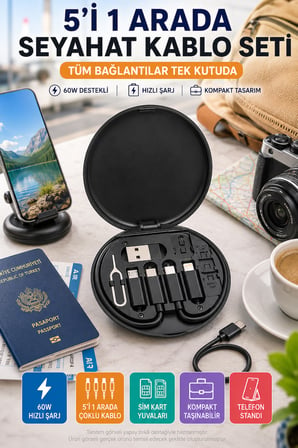 5'i 1 Arada Seyahat Kablo Seti 60W USB Type-C Şarj Kablosu SIM Kart Kutusu, Telefon Standlı Portatif