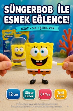 SüngerBob Mavi Gözlü Gülümseyen Süper Esnek Sıkılabilir Uzayan Çocuk Oyuncak Figürü 12 cm