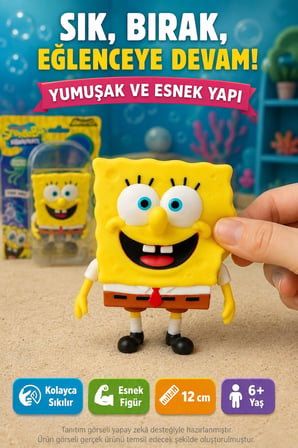 SüngerBob Mavi Gözlü Gülümseyen Süper Esnek Sıkılabilir Uzayan Çocuk Oyuncak Figürü 12 cm