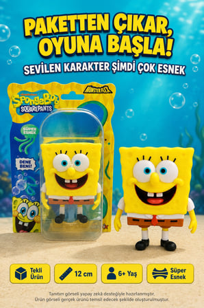SüngerBob Mavi Gözlü Gülümseyen Süper Esnek Sıkılabilir Uzayan Çocuk Oyuncak Figürü 12 cm