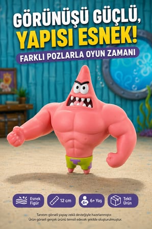 Kaslı Patrick Yıldız Süper Esnek Sıkılabilir Uzayan Çocuk Oyuncak Figürü 12 cm Pembe