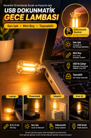 Usb Led Gece Lambası Sarı Işık Dokunmatik Mini Taşınabilir Lamba Laptop Powerbank Araç İçi 6,5 cm 5V