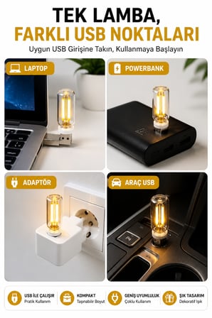 Usb Led Gece Lambası Sarı Işık Dokunmatik Mini Taşınabilir Lamba Laptop Powerbank Araç İçi 6,5 cm 5V