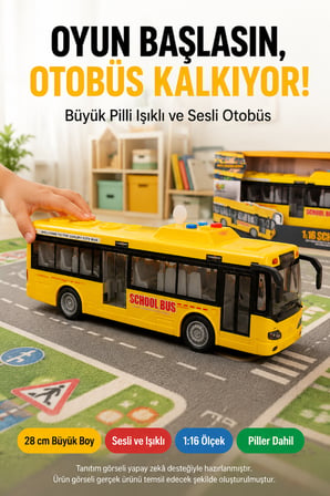 Sarı Model Büyük Pilli Işıklı Sesli Yolcu Otobüsü 28 cm 1:16 Açılır Kapılı Çocuk Oyuncağı Korna Tuşu 