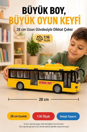Sarı Model Büyük Pilli Işıklı Sesli Yolcu Otobüsü 28 cm 1:16 Açılır Kapılı Çocuk Oyuncağı Korna Tuşu 