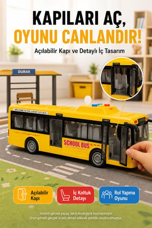 Sarı Model Büyük Pilli Işıklı Sesli Yolcu Otobüsü 28 cm 1:16 Açılır Kapılı Çocuk Oyuncağı Korna Tuşu 