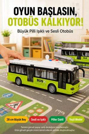 Yeşil Model Büyük Pilli Işıklı Sesli Yolcu Otobüsü 28 cm 1:16 Açılır Kapılı Çocuk Oyuncağı Korna Tuşu 