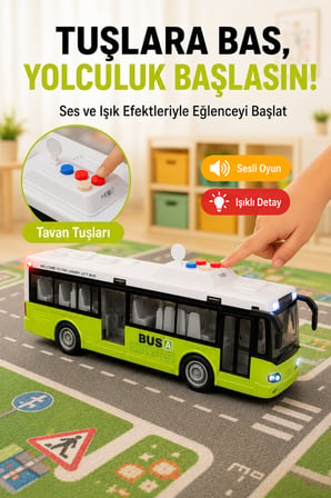 Yeşil Model Büyük Pilli Işıklı Sesli Yolcu Otobüsü 28 cm 1:16 Açılır Kapılı Çocuk Oyuncağı Korna Tuşu 