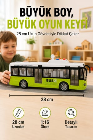 Yeşil Model Büyük Pilli Işıklı Sesli Yolcu Otobüsü 28 cm 1:16 Açılır Kapılı Çocuk Oyuncağı Korna Tuşu 