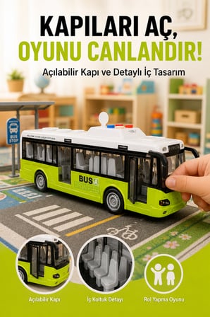 Yeşil Model Büyük Pilli Işıklı Sesli Yolcu Otobüsü 28 cm 1:16 Açılır Kapılı Çocuk Oyuncağı Korna Tuşu 