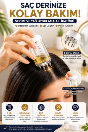 Saç Derisi Masaj Aleti 6 ml Serum Yağ Uygulama Aplikatörü 5 Bilyeli Ölçekli Bakım ve Uygulama Aparat