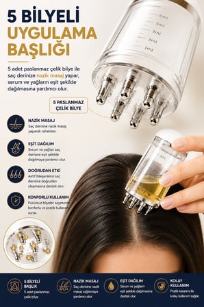 Saç Derisi Masaj Aleti 6 ml Serum Yağ Uygulama Aplikatörü 5 Bilyeli Ölçekli Bakım ve Uygulama Aparat