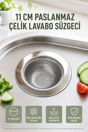11 cm Paslanmaz Çelik Lavabo Süzgeci Mutfak Evye Gider Süzgeci Tıkanıklık Önleyici İnce Çöp Tutucu
