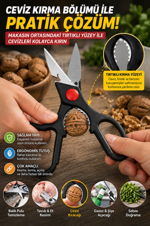 Çok Amaçlı Mutfak Makası Paslanmaz Çelik Tavuk Et Balık Sebze Ceviz Kıracağı Şişe Açacağı 21cm 3CR13