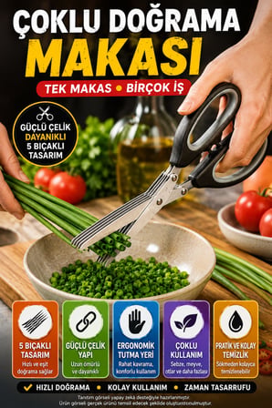5 Bıçaklı Çoklu Doğrama Makası Sebze Yeşillik Maydanoz Taze Soğan Kesme Makası Temizleme Taraklı Set