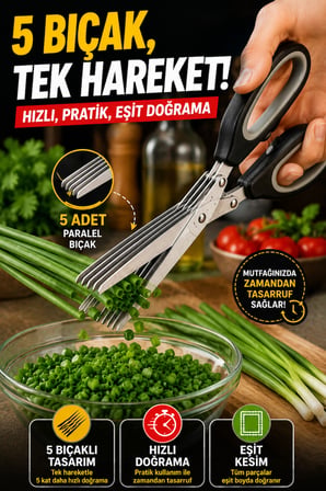 5 Bıçaklı Çoklu Doğrama Makası Sebze Yeşillik Maydanoz Taze Soğan Kesme Makası Temizleme Taraklı Set