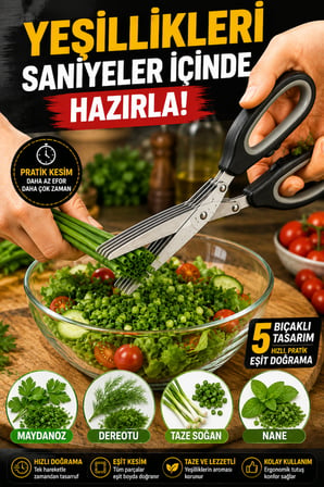 5 Bıçaklı Çoklu Doğrama Makası Sebze Yeşillik Maydanoz Taze Soğan Kesme Makası Temizleme Taraklı Set