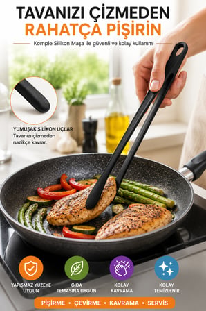 29 cm Siyah Silikon Mutfak Maşası Büyük Boy Tek Parça Kızartma Servis Salata Maşası Pratik Uzun Sapı