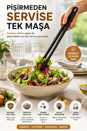 29 cm Siyah Silikon Mutfak Maşası Büyük Boy Tek Parça Kızartma Servis Salata Maşası Pratik Uzun Sapı