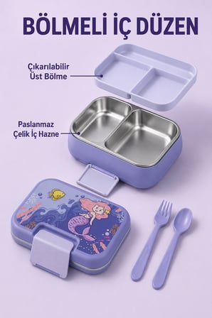 Happi Deniz Kızı Paslanmaz Çelik Bölmeli Beslenme Kutusu 1030 ml Çatal Kaşık Dahil