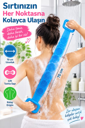 Silikon Banyo Sırt Kesesi 70cm Çift Taraflı Masaj Dokulu Uzun Saplı Vücut Temizleme Fırçası ve Masaj