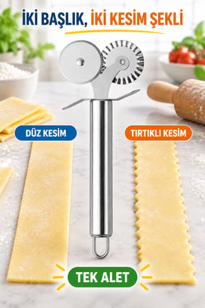 18 Cm Paslanmaz Çelik Çift Başlıklı Pizza Mantı Hamur Kesme Ruleti Düz ve Tırtıklı