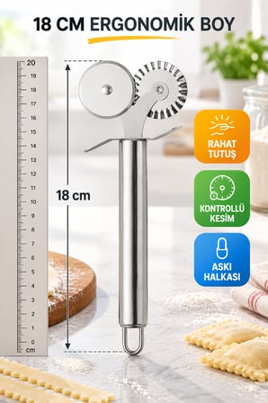 18 Cm Paslanmaz Çelik Çift Başlıklı Pizza Mantı Hamur Kesme Ruleti Düz ve Tırtıklı
