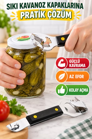Metal Kavanoz Kapağı ve Konserve Açacağı Siyah Saplı Çok Amaçlı Pratik Kapak Açıcı