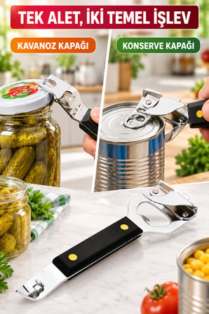 Metal Kavanoz Kapağı ve Konserve Açacağı Siyah Saplı Çok Amaçlı Pratik Kapak Açıcı
