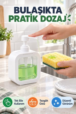 400 ml Tezgâh Üstü Sıvı Sabunluk Şeffaf Hazneli Banyo Mutfak Lavabo Bulaşık Deterjanlık 1 Adet Beyaz