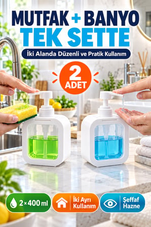 2'li Set 400 ml Tezgâh Üstü Sıvı Sabunluk Şeffaf Hazneli Banyo Mutfak Bulaşık Deterjanlık Takımı Byz