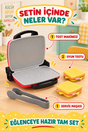 Çocuk Tost Makinesi Oyuncak Seti, 2 Tost ve Maşa, Mutfak Rol Oyunu, 36 Ay Üzeri Kırmızı, Eğitici Set