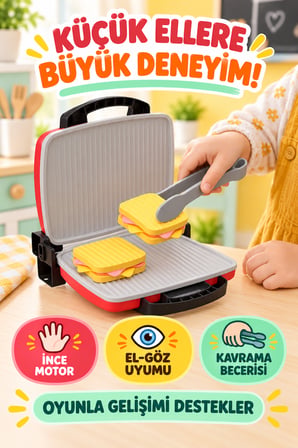 Çocuk Tost Makinesi Oyuncak Seti, 2 Tost ve Maşa, Mutfak Rol Oyunu, 36 Ay Üzeri Kırmızı, Eğitici Set