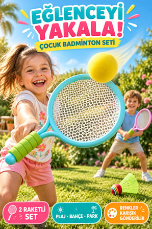 Çocuk Badminton Tenis Seti 2 Raketli Toplu Plaj Bahçe Park Açık Hava Oyunu Spor ve Aktivite Oyuncağı