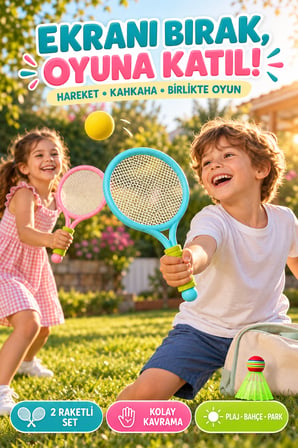 Çocuk Badminton Tenis Seti 2 Raketli Toplu Plaj Bahçe Park Açık Hava Oyunu Spor ve Aktivite Oyuncağı