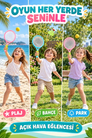 Çocuk Badminton Tenis Seti 2 Raketli Toplu Plaj Bahçe Park Açık Hava Oyunu Spor ve Aktivite Oyuncağı
