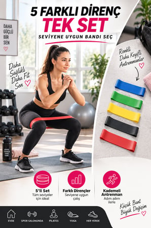 5'li Egzersiz Direnç Bandı Seti Pilates Fitness Yoga Spor Lastiği Evde Antrenman & Egzersiz Ekipmanı