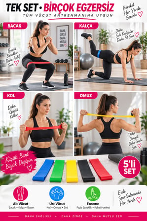 5'li Egzersiz Direnç Bandı Seti Pilates Fitness Yoga Spor Lastiği Evde Antrenman & Egzersiz Ekipmanı