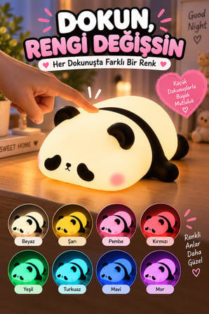 Panda Gece Lambası 8 Renk Değiştiren Dokunmatik Silikon Şarjlı Çocuk Odası Dekoratif Gece Işık USB-C