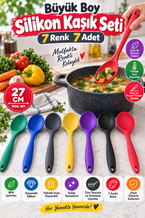7'li Set Büyük Boy Silikon Kaşık 27 cm Renkli Yanmaz Mutfak Yemek Pişirme ve Servis Kaşığı Seti