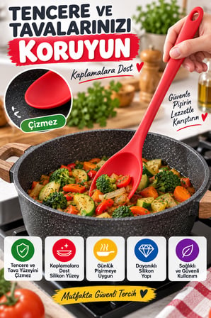7'li Set Büyük Boy Silikon Kaşık 27 cm Renkli Yanmaz Mutfak Yemek Pişirme ve Servis Kaşığı Seti