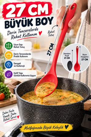 7'li Set Büyük Boy Silikon Kaşık 27 cm Renkli Yanmaz Mutfak Yemek Pişirme ve Servis Kaşığı Seti