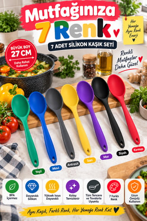 7'li Set Büyük Boy Silikon Kaşık 27 cm Renkli Yanmaz Mutfak Yemek Pişirme ve Servis Kaşığı Seti