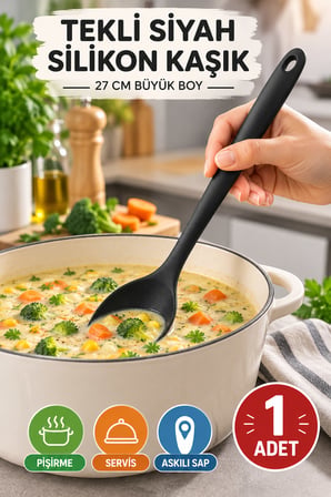 Tekli Siyah Büyük Boy Silikon Kaşık 27 cm Mutfak Yemek Pişirme ve Servis Kaşığı Renkli Mutfak Gereci