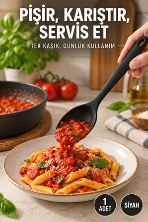 Tekli Siyah Büyük Boy Silikon Kaşık 27 cm Mutfak Yemek Pişirme ve Servis Kaşığı Renkli Mutfak Gereci