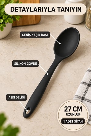 Tekli Siyah Büyük Boy Silikon Kaşık 27 cm Mutfak Yemek Pişirme ve Servis Kaşığı Renkli Mutfak Gereci