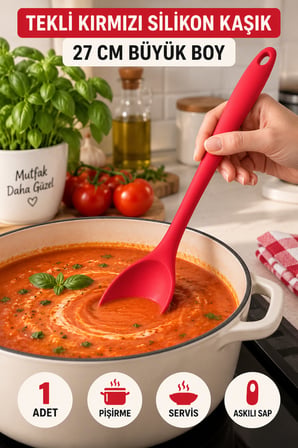 Tekli Kırmızı Büyük Boy Silikon Kaşık 27 cm Mutfak Yemek Pişirme ve Servis Kaşığı Evde Kullanım İçin