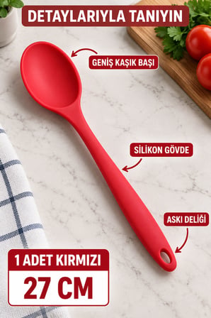 Tekli Kırmızı Büyük Boy Silikon Kaşık 27 cm Mutfak Yemek Pişirme ve Servis Kaşığı Evde Kullanım İçin